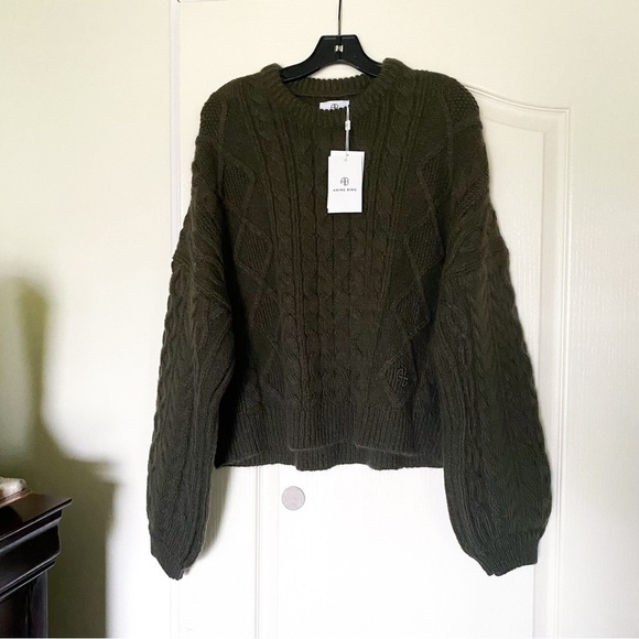 Anine Bing Sweater Irina Cable Knit Heavyweight Alpaca Wool Chunky Green L NWT - Picture 2 of 8